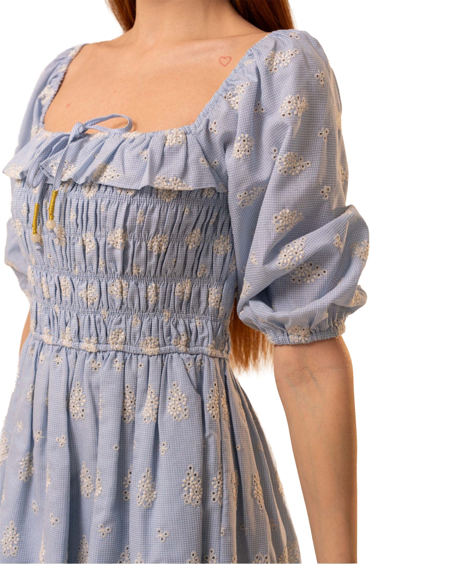 Embroidered Puff Sleeve Smocked Mini Dress - 91904D-Sky-Blue