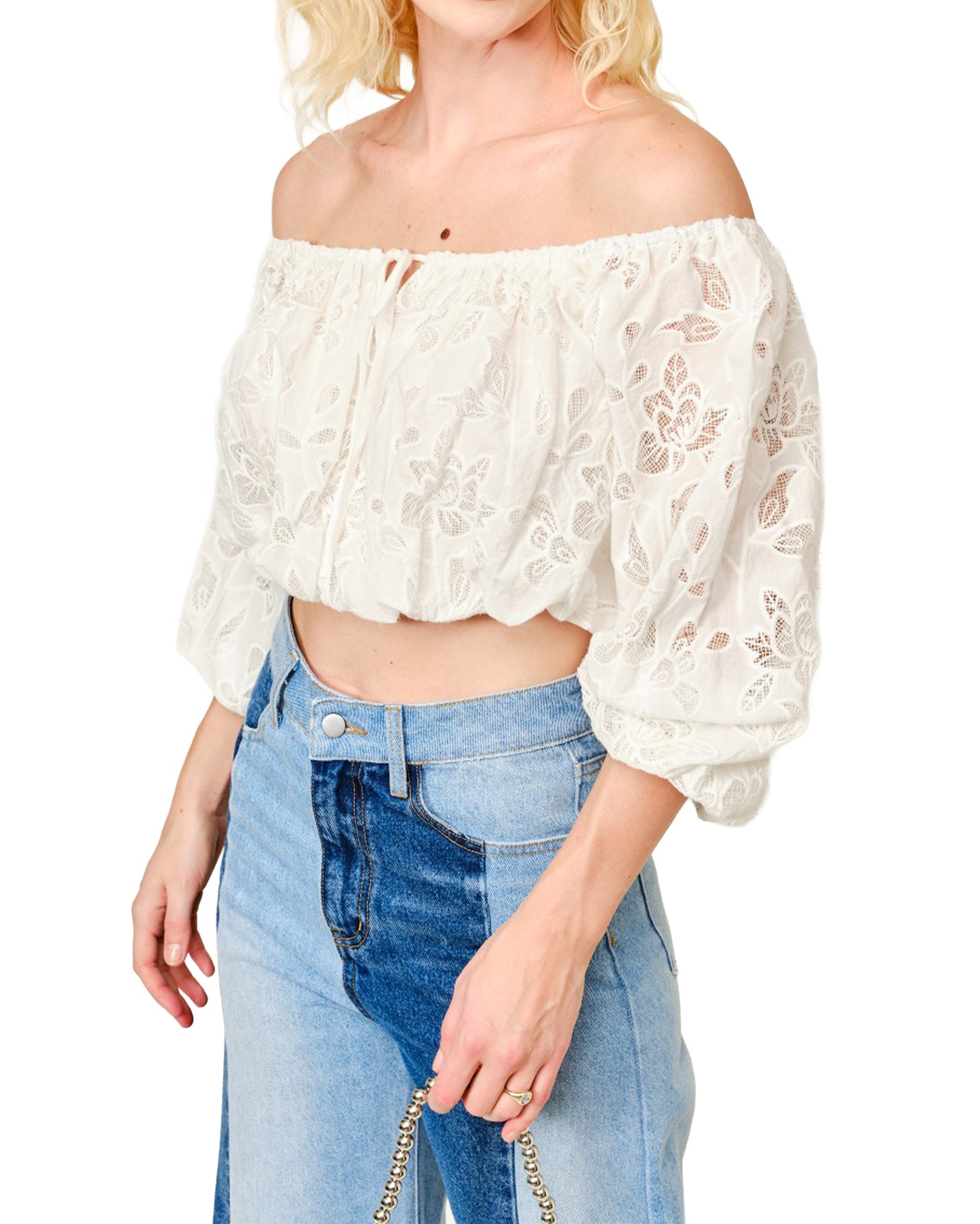 Embroidered Off Shoulder Crop Top - 91932T-Off-White
