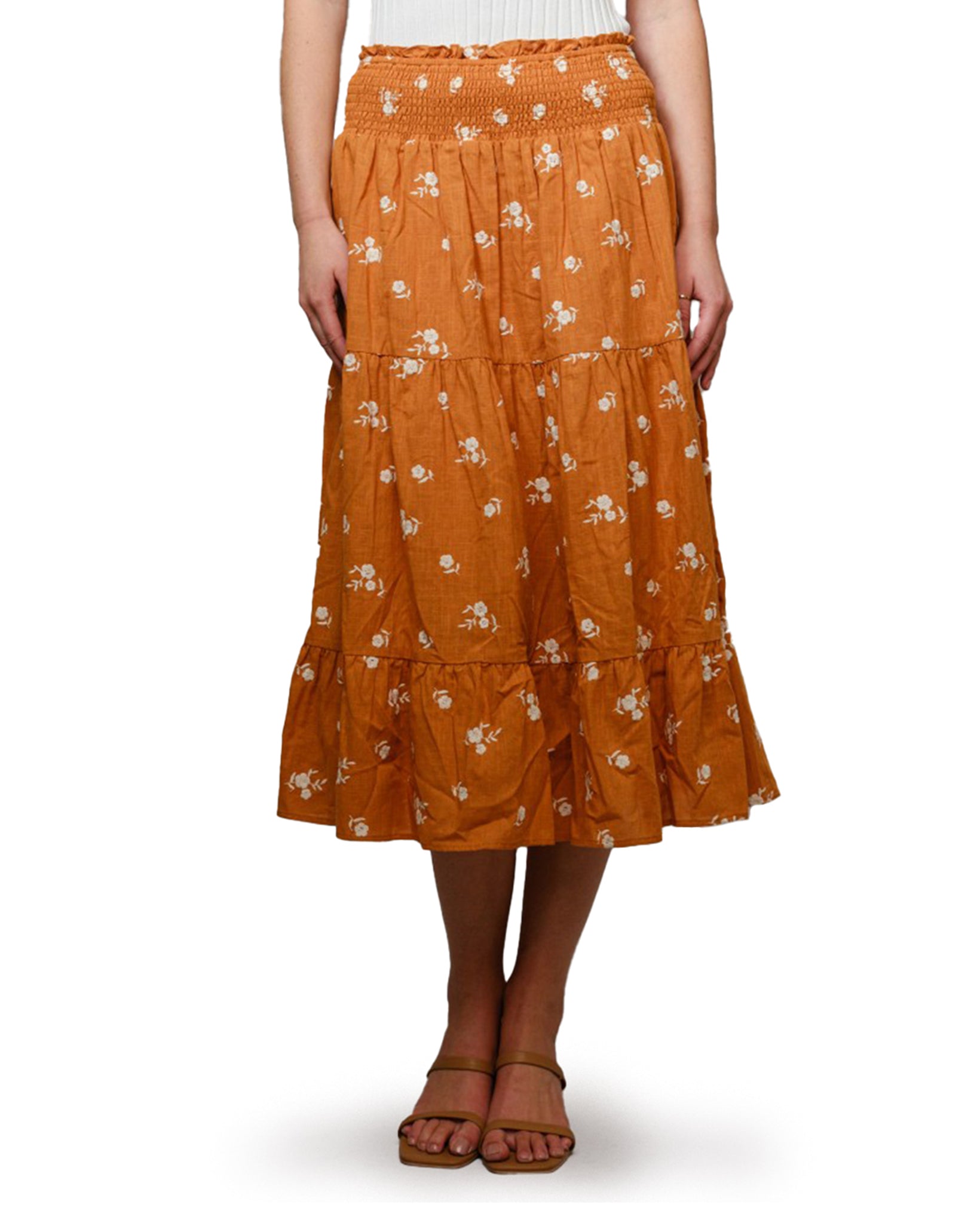 Women's Smocked Waist Tiered Embroidered Midi Skirt by Blue B from Skip’s Western Outfitters | BLB-94355S-TERRACOTTA-S