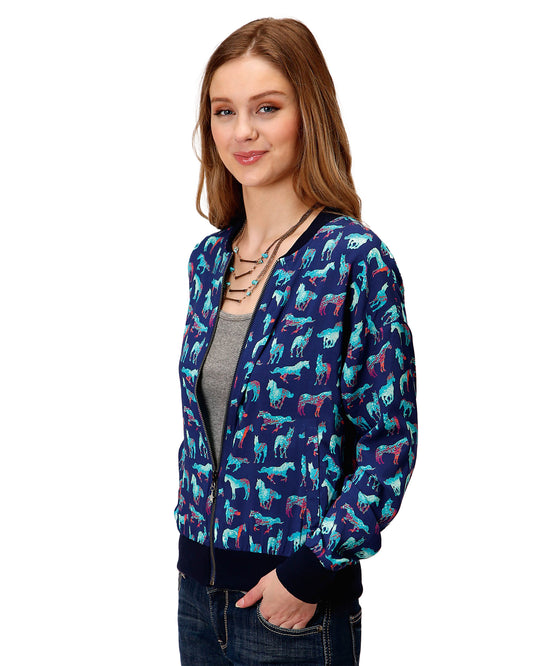 Women's Wild Horse Printed Bomber Jacket by Roper from Skip’s Western Outfitters | KAR-03-098-0590-0133-BU-S-REG