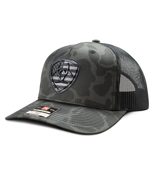 Men's Ariat Embroidery Shield Camo Cap by MFW from Skip’s Western Outfitters | MFW-A300092866-O/S-BLACK-/-GREY