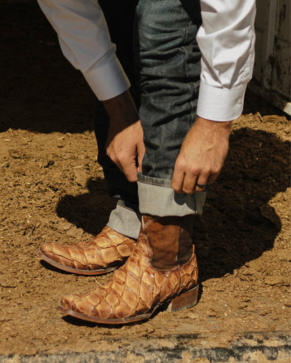 Corral A4660 Men's Handcrafted Narrow Square Toe Exotic Fish Pirarucu Skin Cowboy Boots in Brown at Skip's Boots
