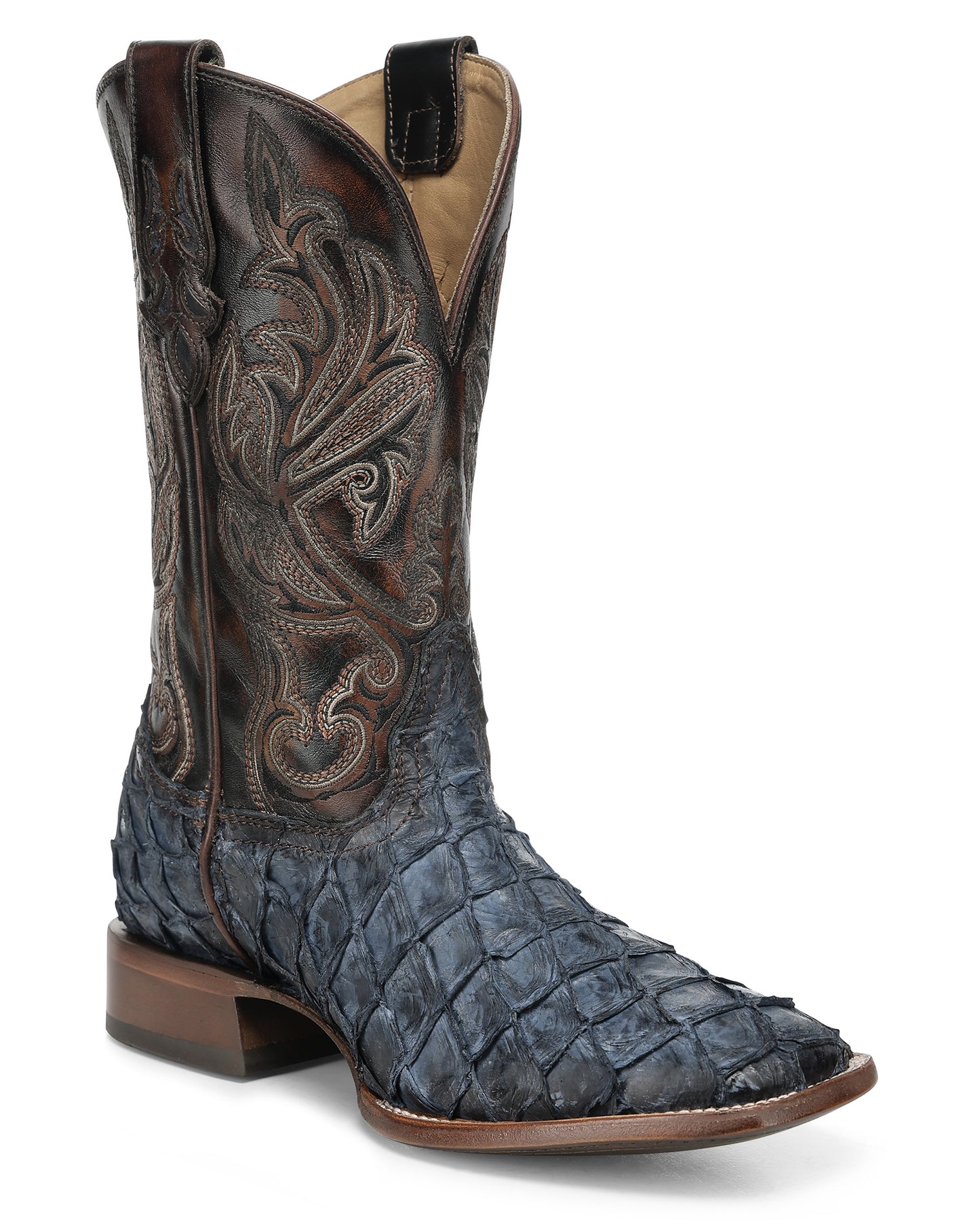 Men's Blue Pirarucu Embroidery Wide Square Toe Western Boots - A5056 by Corral from Skip’s Western Outfitters | COR-A5056-060-D