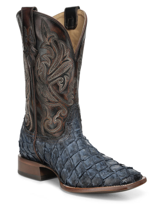 Men's Blue Pirarucu Embroidery Wide Square Toe Western Boots - A5056 by Corral from Skip’s Western Outfitters | COR-A5056-060-D