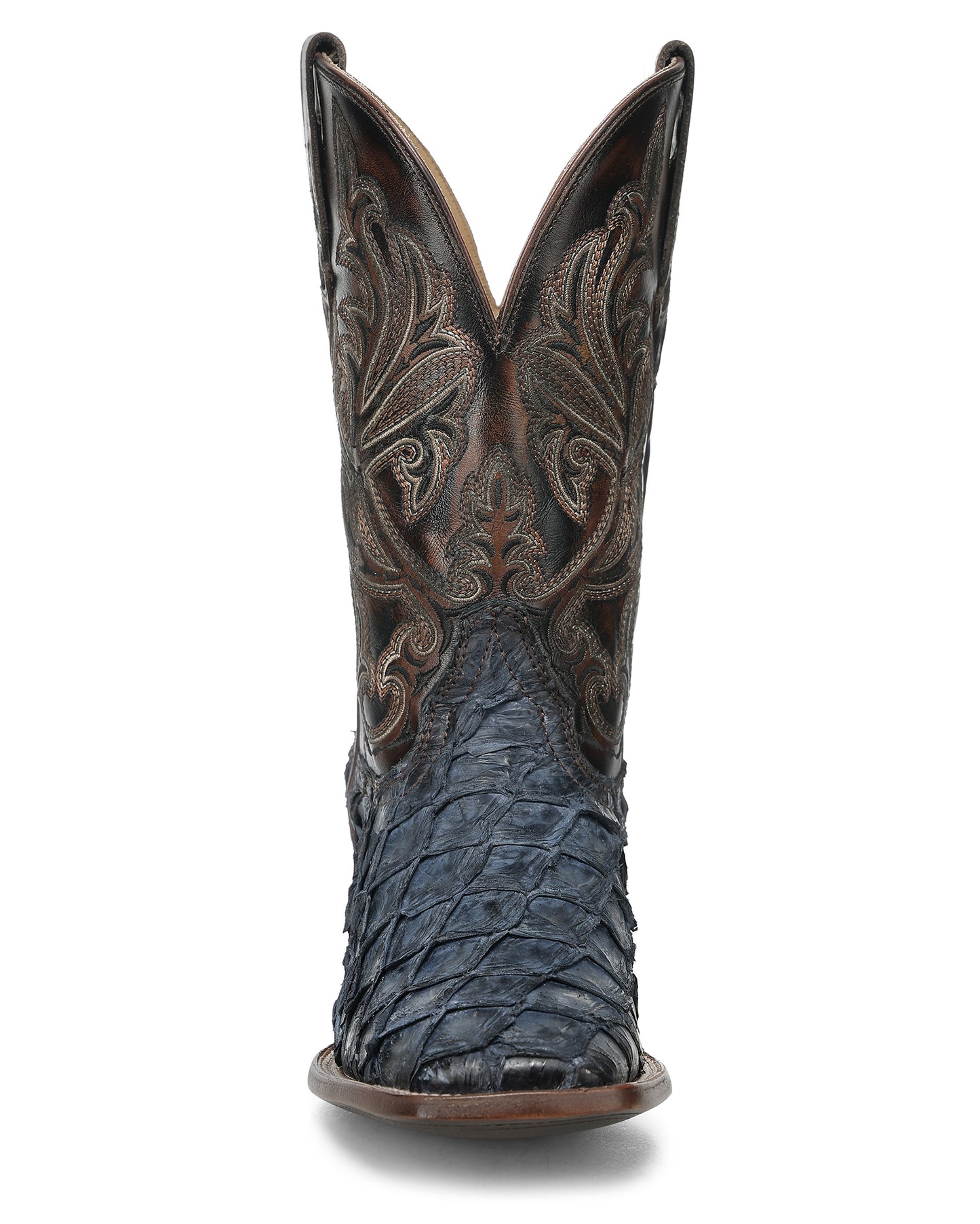Men's Blue Pirarucu Embroidery Wide Square Toe Western Boots - A5056