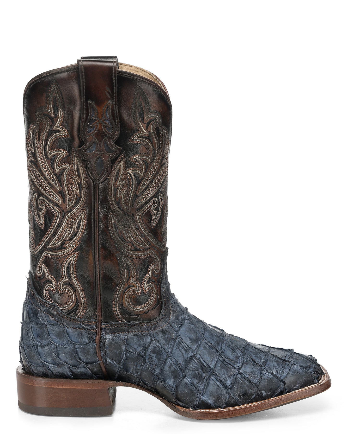 Men's Blue Pirarucu Embroidery Wide Square Toe Western Boots - A5056