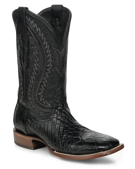 Men's Black Alligator Inlay & Embroidery Wide Square Toe Western Boots - A5117