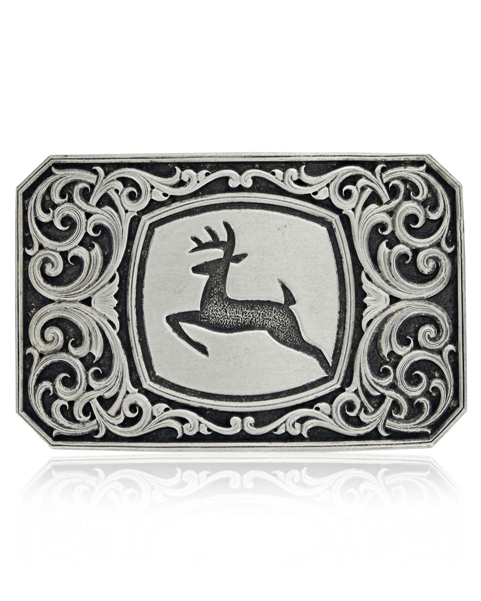 John Deere Filigree Buckle by Montana Silversmiths from Skip’s Western Outfitters | MON-A847JDS-O/S-REG