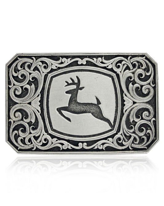 John Deere Filigree Buckle by Montana Silversmiths from Skip’s Western Outfitters | MON-A847JDS-O/S-REG