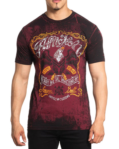 Men's AC Distilled Motors T-Shirt by Affliction from Skip’s Western Outfitters | AFL-A25116-XS-MAHOGANY-RED/BLACK