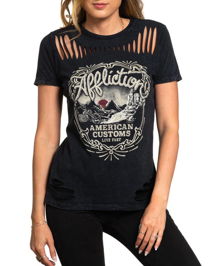 Women's Canyon Rider T-Shirt by Affliction from Skip’s Western Outfitters | AFL-AW25688-XS-BLACK-LAVA-WASH