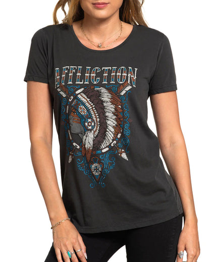 Women's Pechanga Lace Up T-Shirt by Affliction from Skip’s Western Outfitters | AFL-AW25689-XS-VINTAGE-BLACK-PIGMENT-DYE