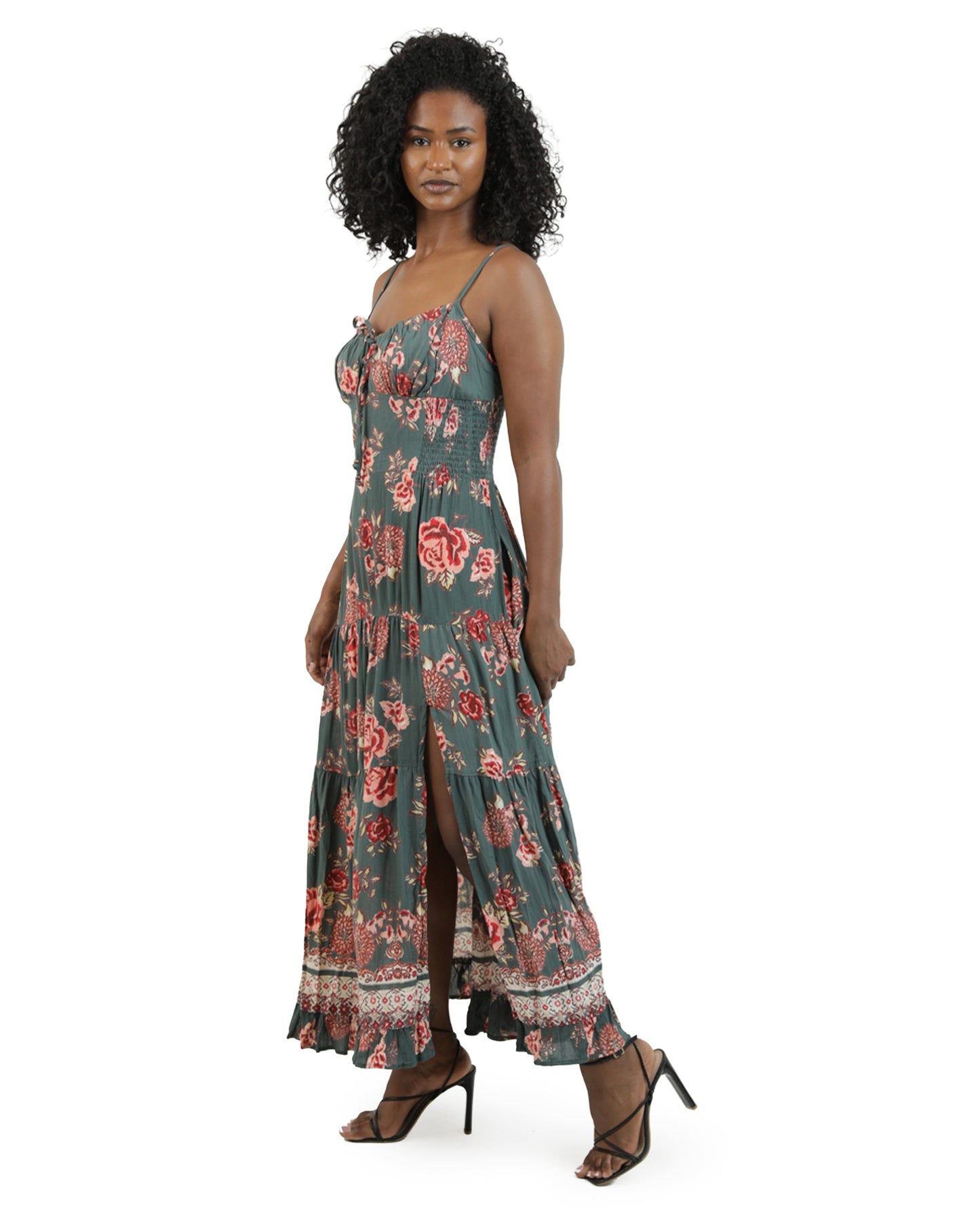 Women's Floral Print Maxi Dress - C4C84-Fr54-Olive