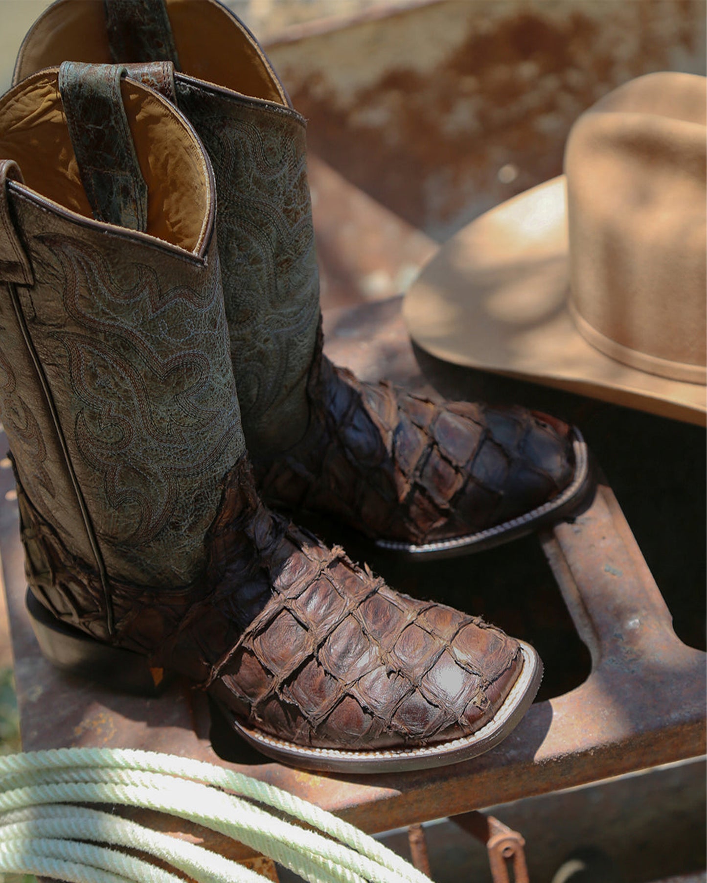 Corral B5023 Men's Handcrafted Wide Square Toe Exotic Pirarucu Skin Cowboy Boots in Brown at Skip's Western Outfitters