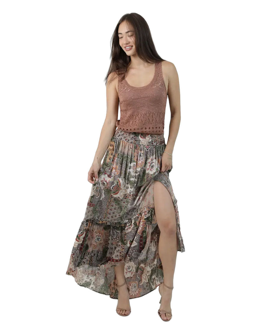 Women's Smocked Waist Skirt With Slit - B6A21-W909-Safari