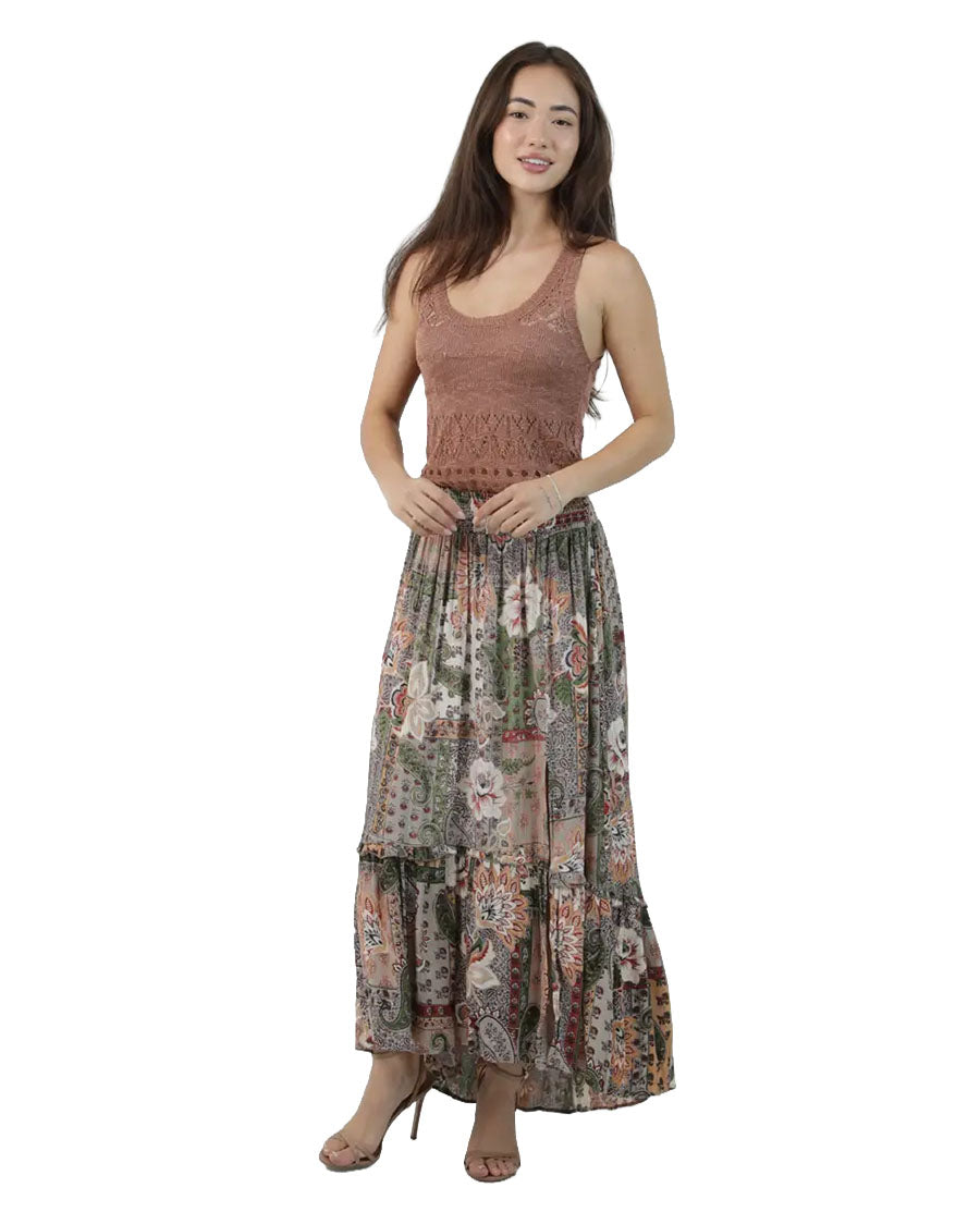 Women's Smocked Waist Skirt With Slit - B6A21-W909-Safari