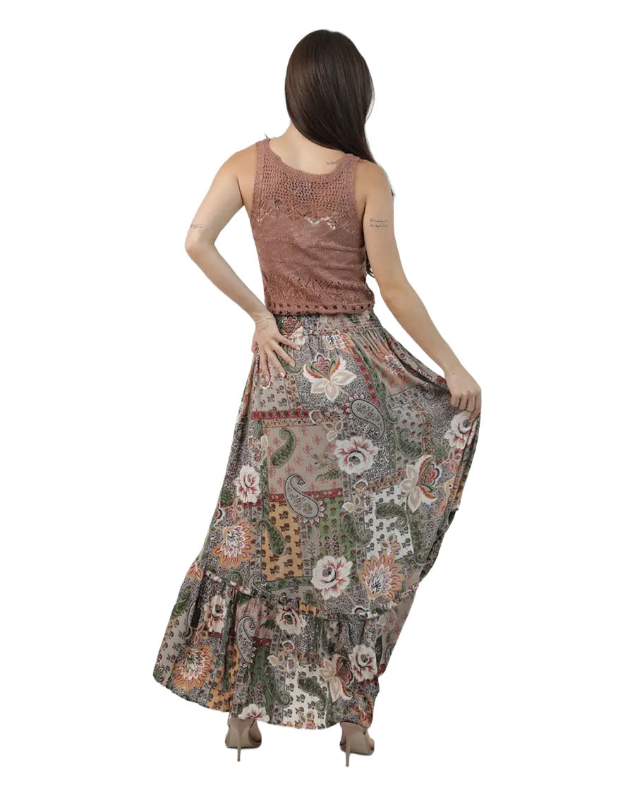 Women's Smocked Waist Skirt With Slit - B6A21-W909-Safari
