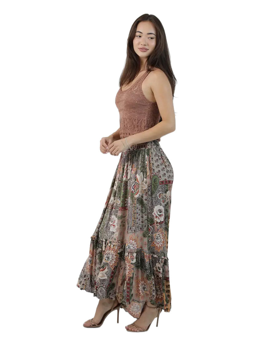 Women's Smocked Waist Skirt With Slit - B6A21-W909-Safari