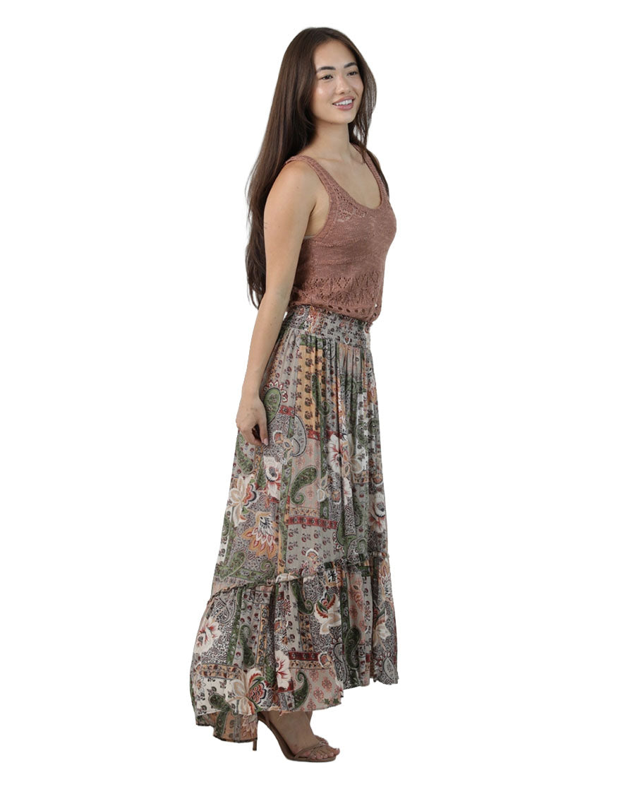 Women's Smocked Waist Skirt With Slit - B6A21-W909-Safari