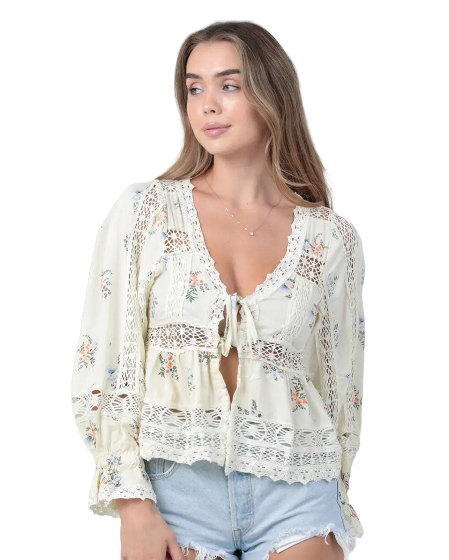 Women's Lace Trim Tie Front Blouse - C2D82-Wa90-Off-White