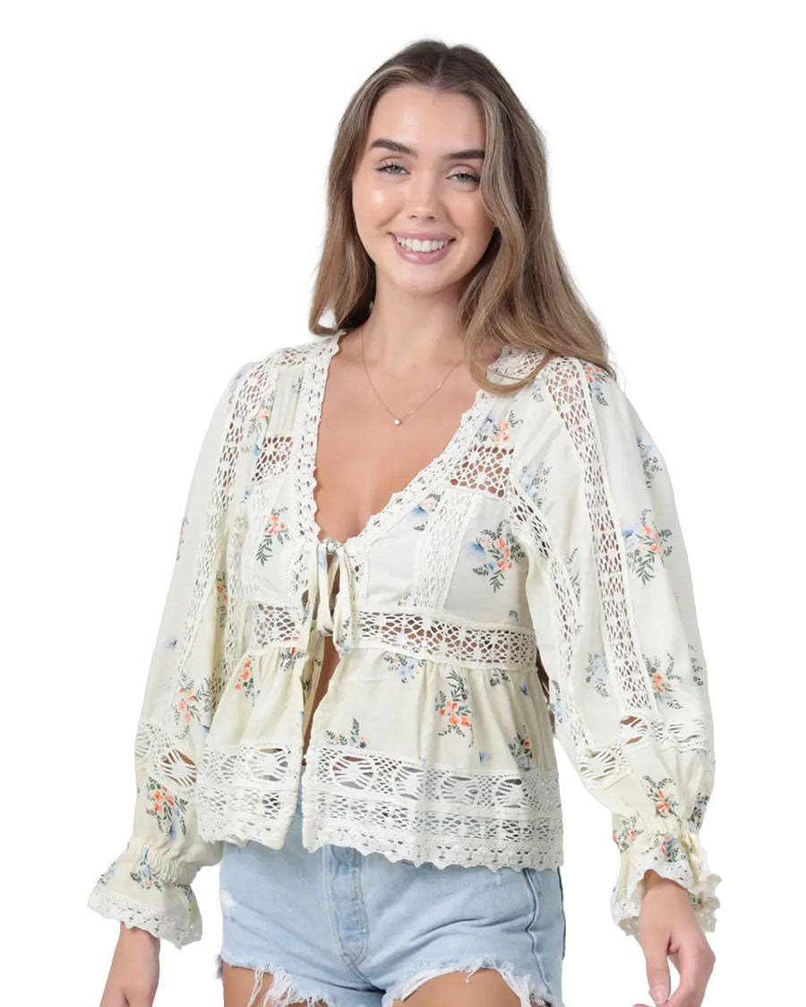 Women's Lace Trim Tie Front Blouse - C2D82-Wa90-Off-White