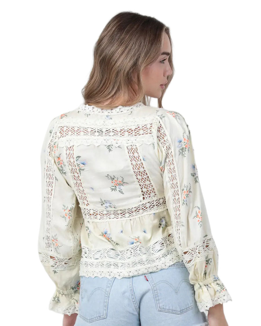 Women's Lace Trim Tie Front Blouse - C2D82-Wa90-Off-White