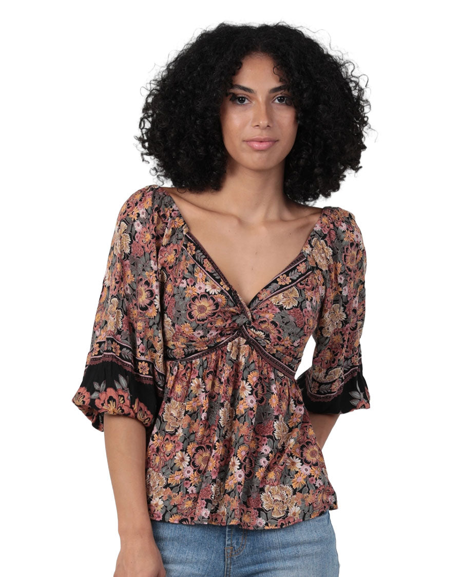 Women's V Neck Twist Front Half Sleeve Printed Blouse - C2E42-Fq54-Floral