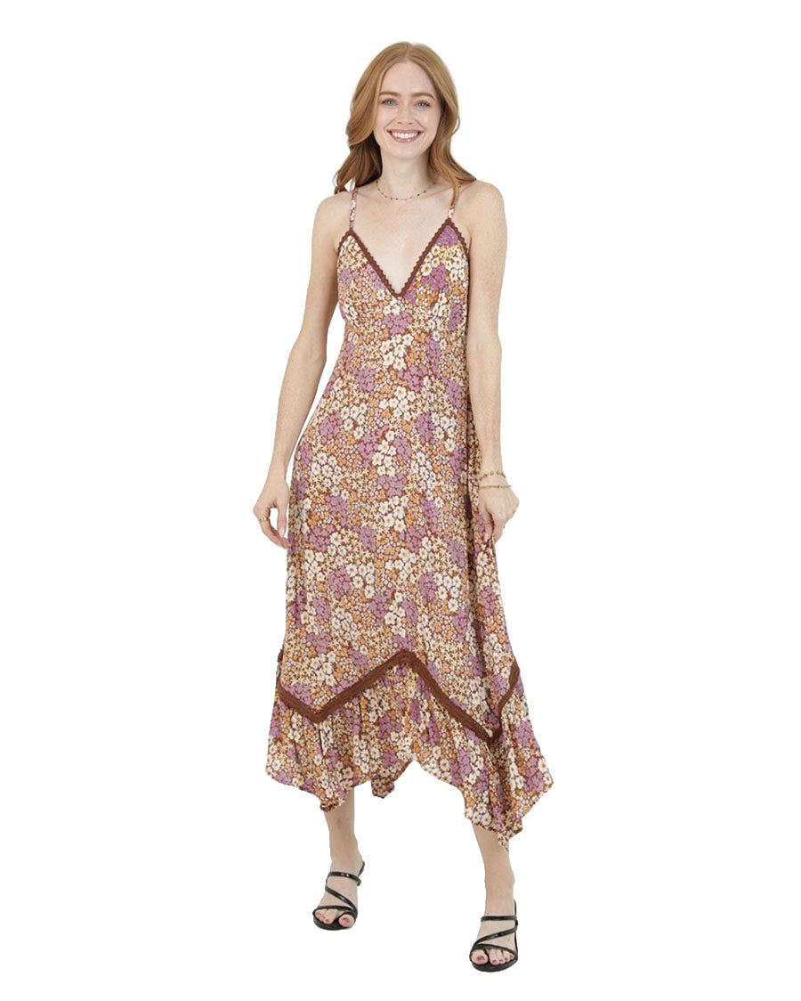 Women's V Neck Printed Maxi Dress With Lace Trim - C4F94-Wb68-Brown