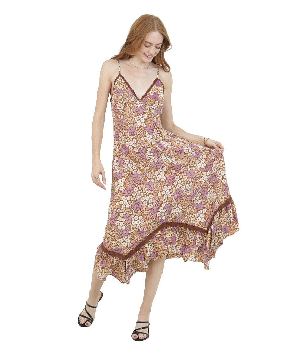 Women's V Neck Printed Maxi Dress With Lace Trim - C4F94-Wb68-Brown