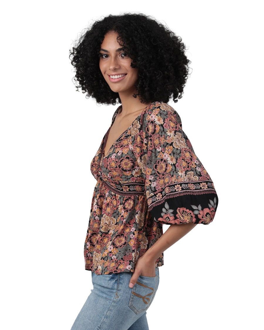 Women's V Neck Twist Front Half Sleeve Printed Blouse - C2E42-Fq54-Floral