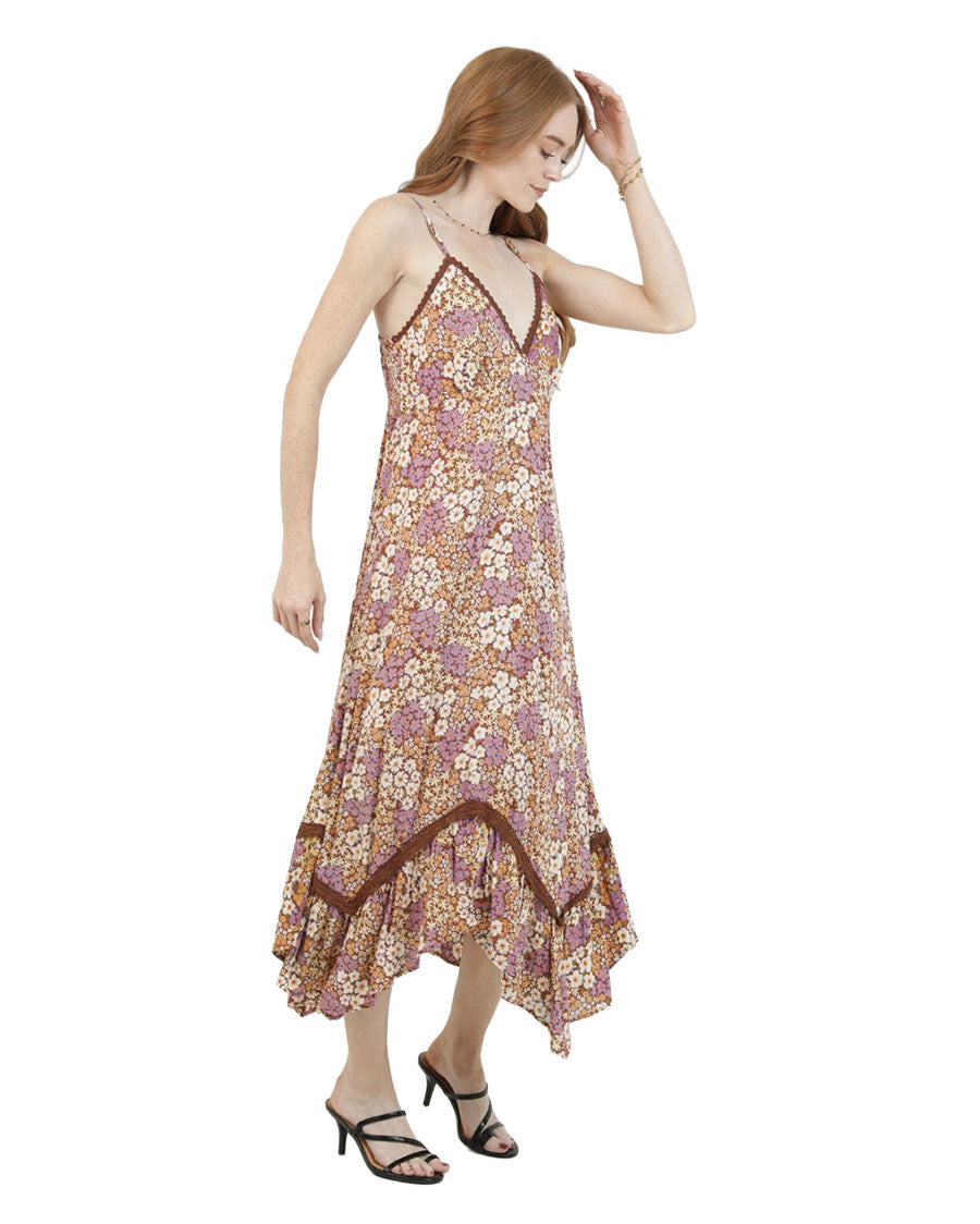 Women's V Neck Printed Maxi Dress With Lace Trim - C4F94-Wb68-Brown