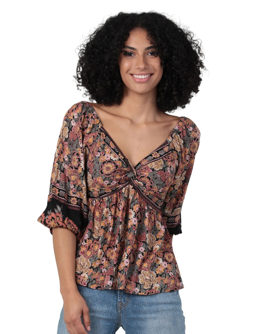 Women's V Neck Twist Front Half Sleeve Printed Blouse - C2E42-Fq54-Floral