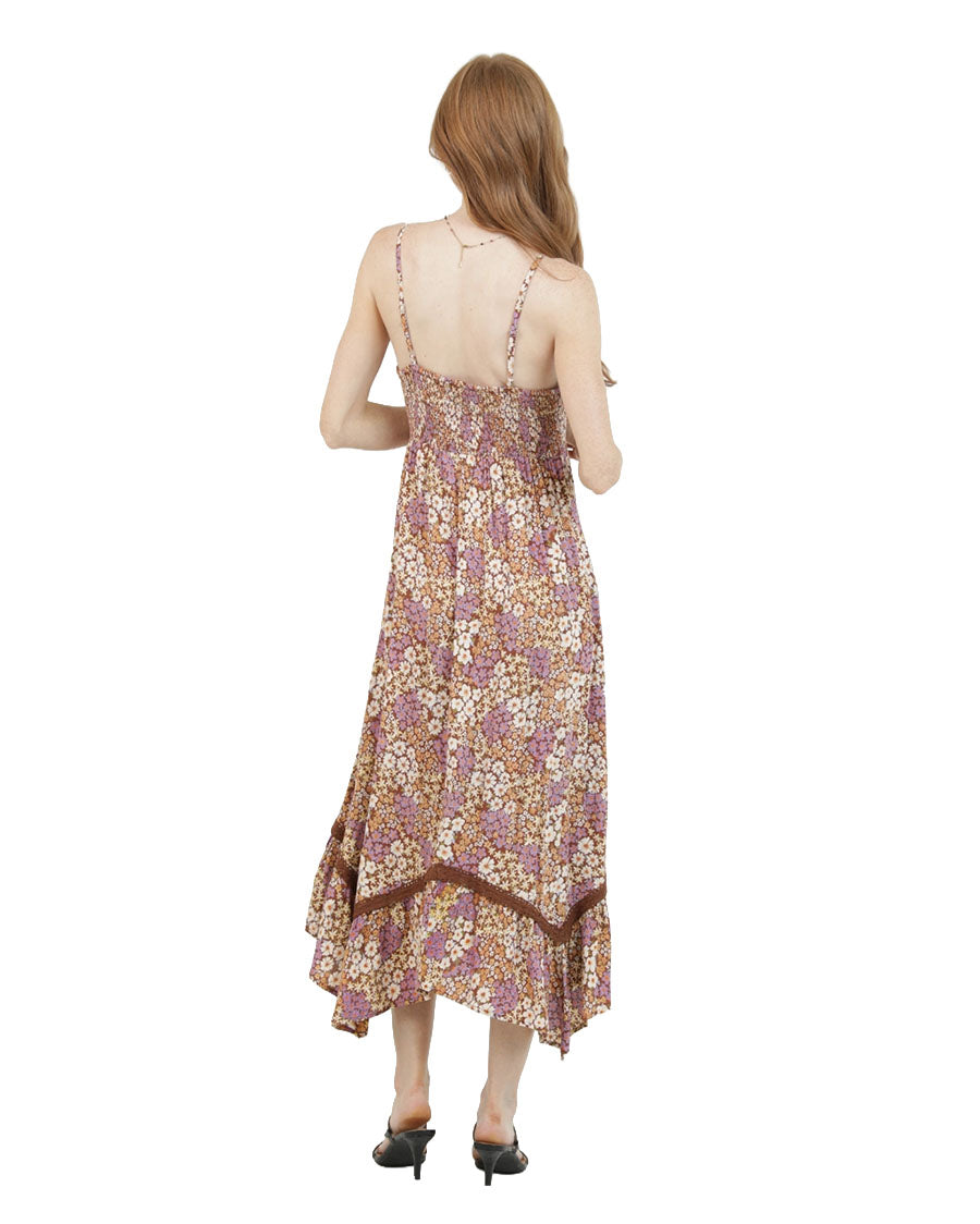 Women's V Neck Printed Maxi Dress With Lace Trim - C4F94-Wb68-Brown