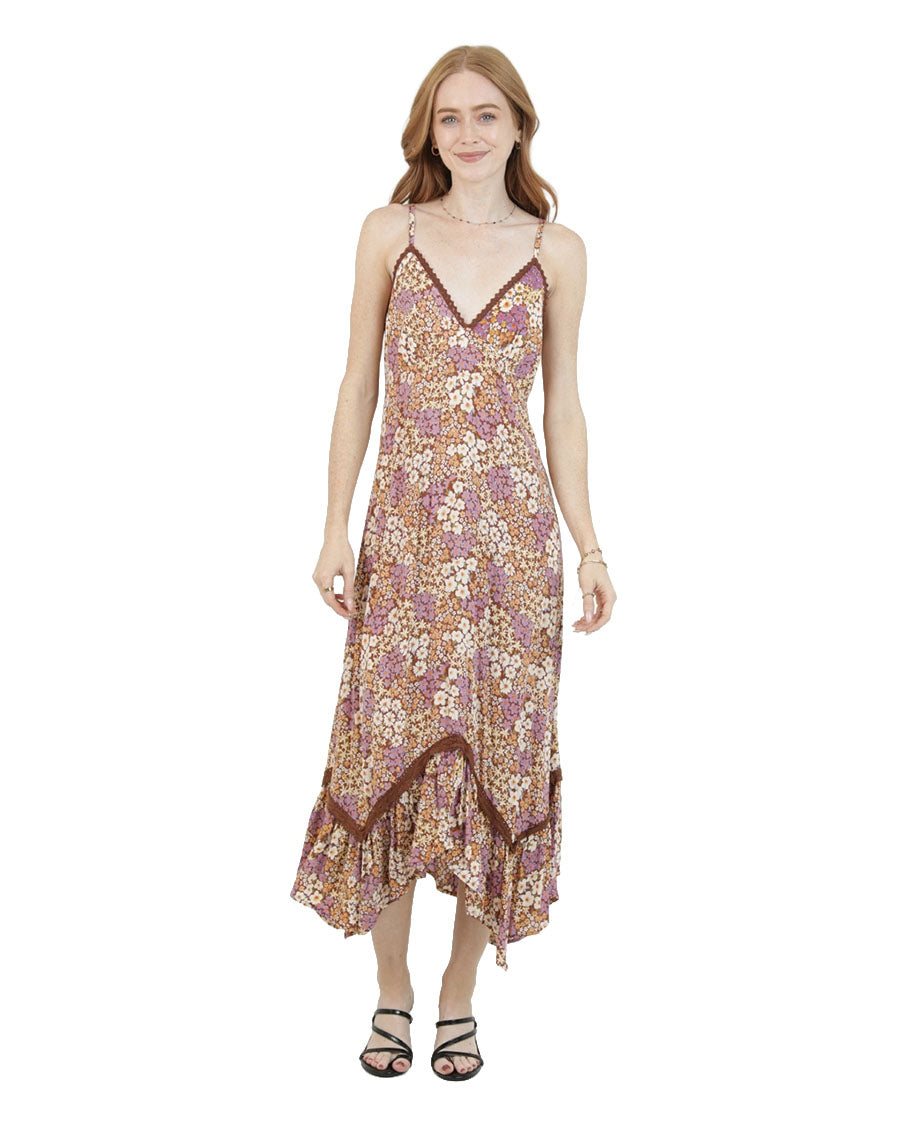 Women's V Neck Printed Maxi Dress With Lace Trim - C4F94-Wb68-Brown