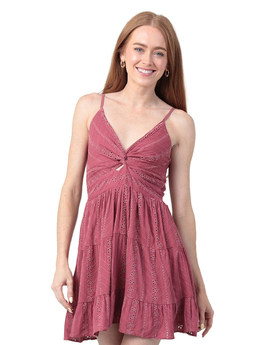 Women's Eyelet Embroidered V Neck Twist Front Dress - C4143-Em08-Dried-Rose