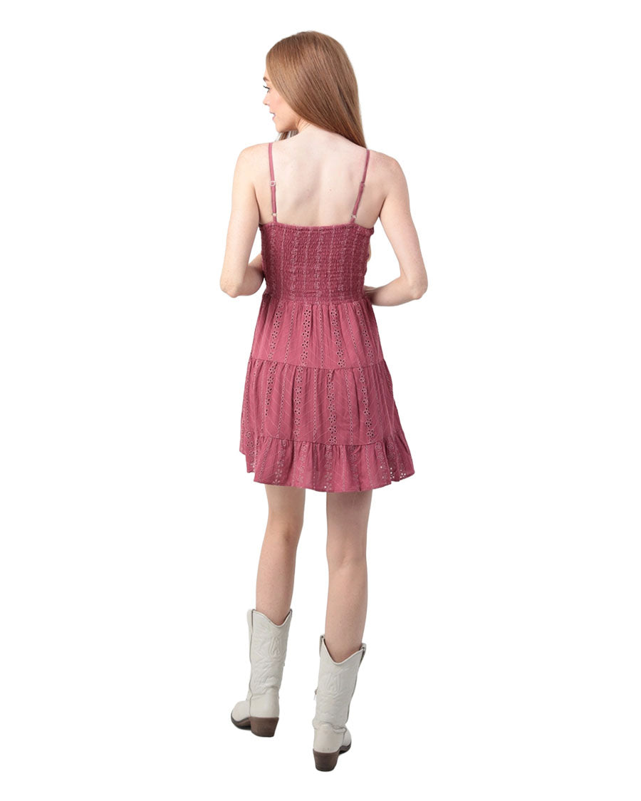 Women's Eyelet Embroidered V Neck Twist Front Dress - C4143-Em08-Dried-Rose
