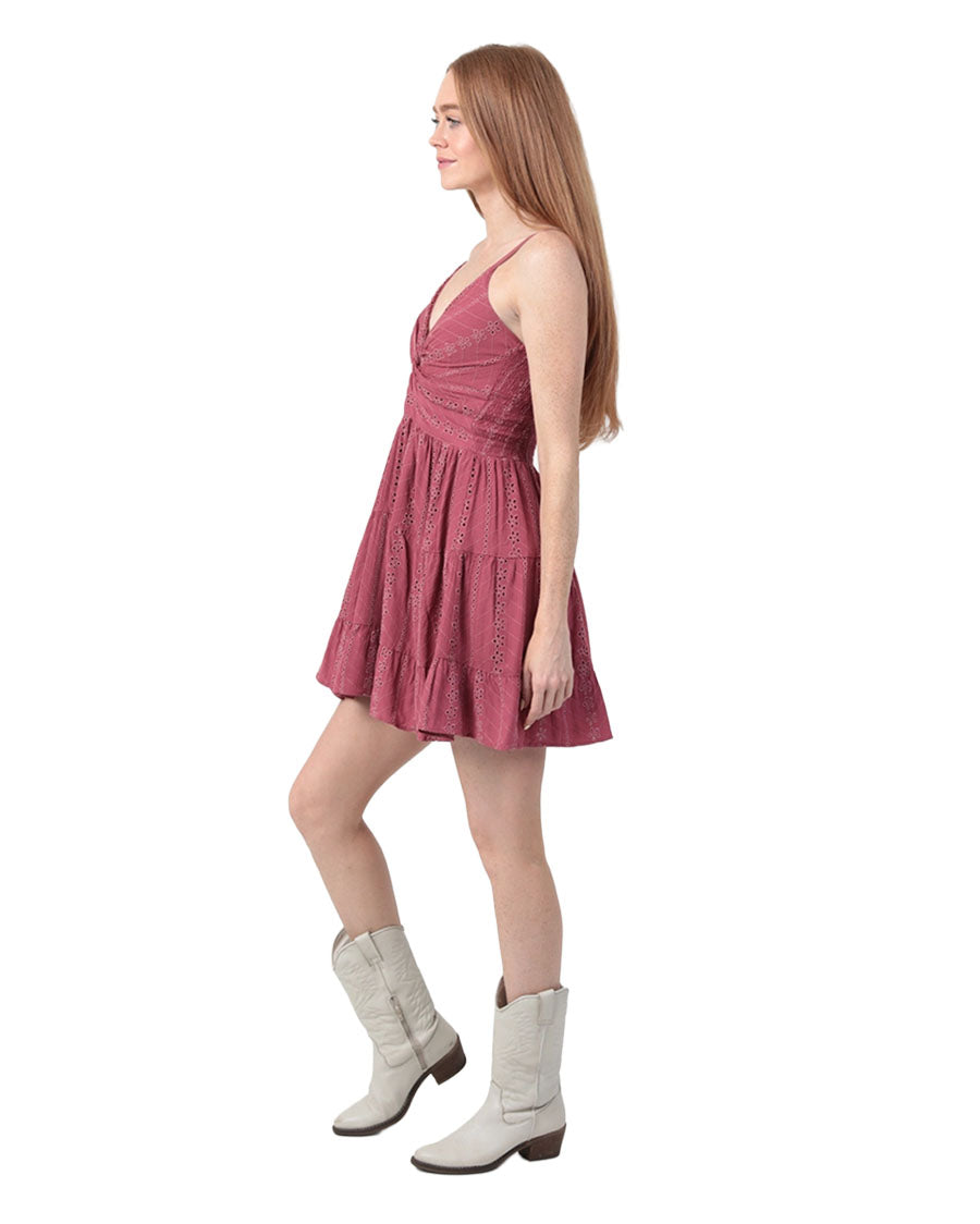 Women's Eyelet Embroidered V Neck Twist Front Dress - C4143-Em08-Dried-Rose