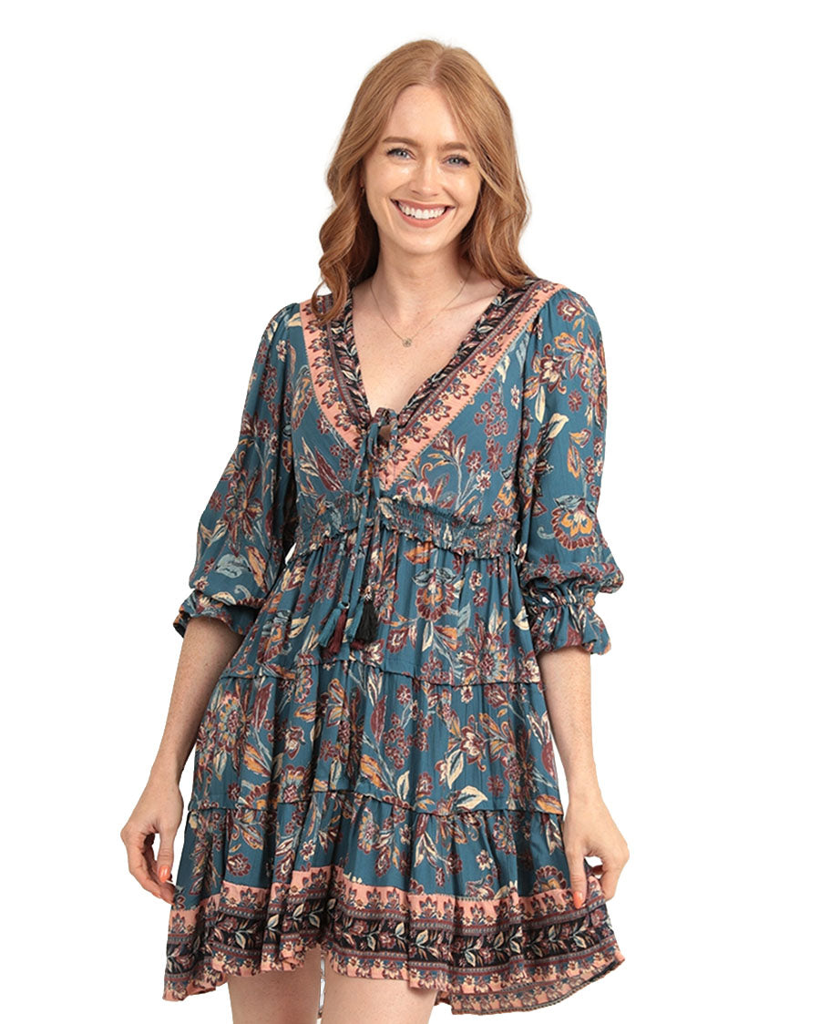 Women's V Neck Smocked Waist Tiered Skirt Dress - F4E62-Fr32-Grey-Floral
