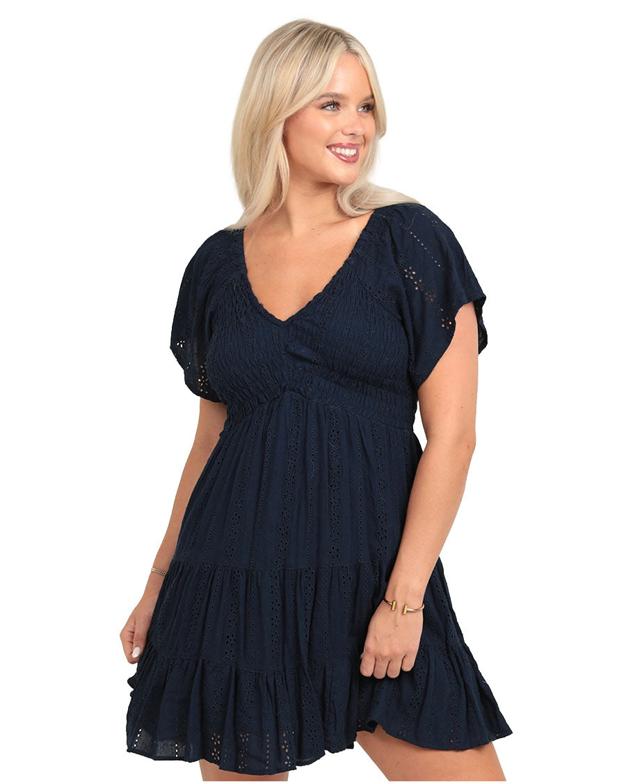 Women's Short Sleeve Smocked Bodice Dress W Embroidery - C4937-Em08-Navy