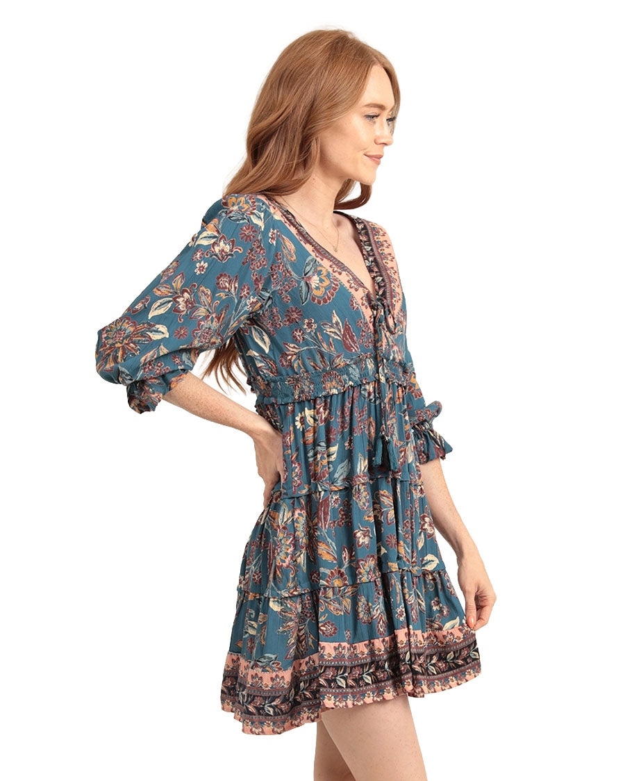 Women's V Neck Smocked Waist Tiered Skirt Dress - F4E62-Fr32-Grey-Floral