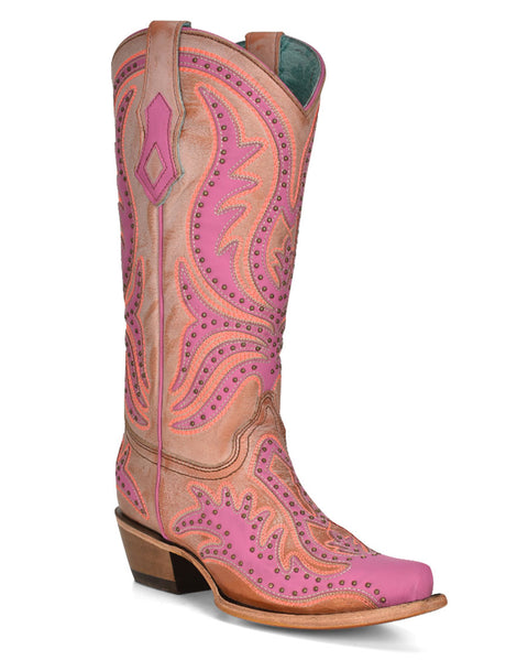 Women's Overlay with Fluorescent Embroidery & Studs Western Boots