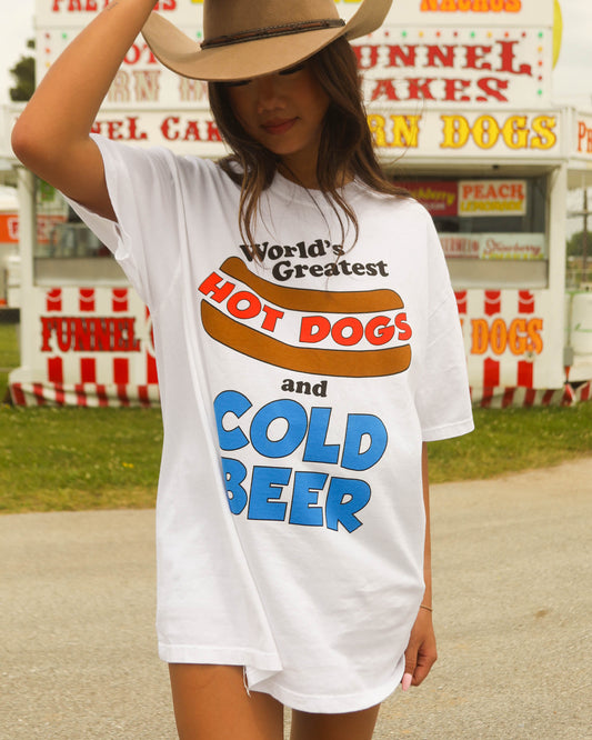 Model wearing the Women's Hot Dogs And Cold Beer Tee by Charlie Southern, featuring a fun graphic of hot dogs and cold beer, perfect for summer outings.
