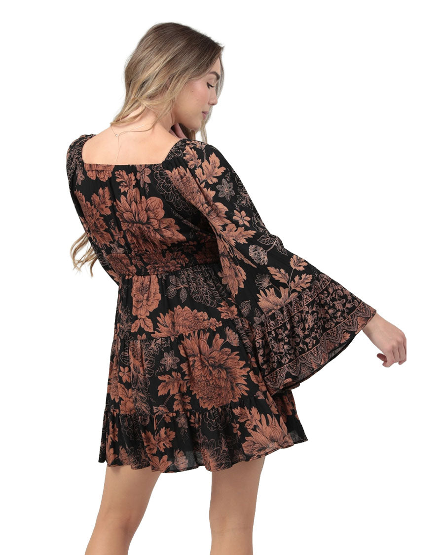 Women's Wide Sleeve V Neck Smocked Waist Short Dress - C4G67-Wb08-Black