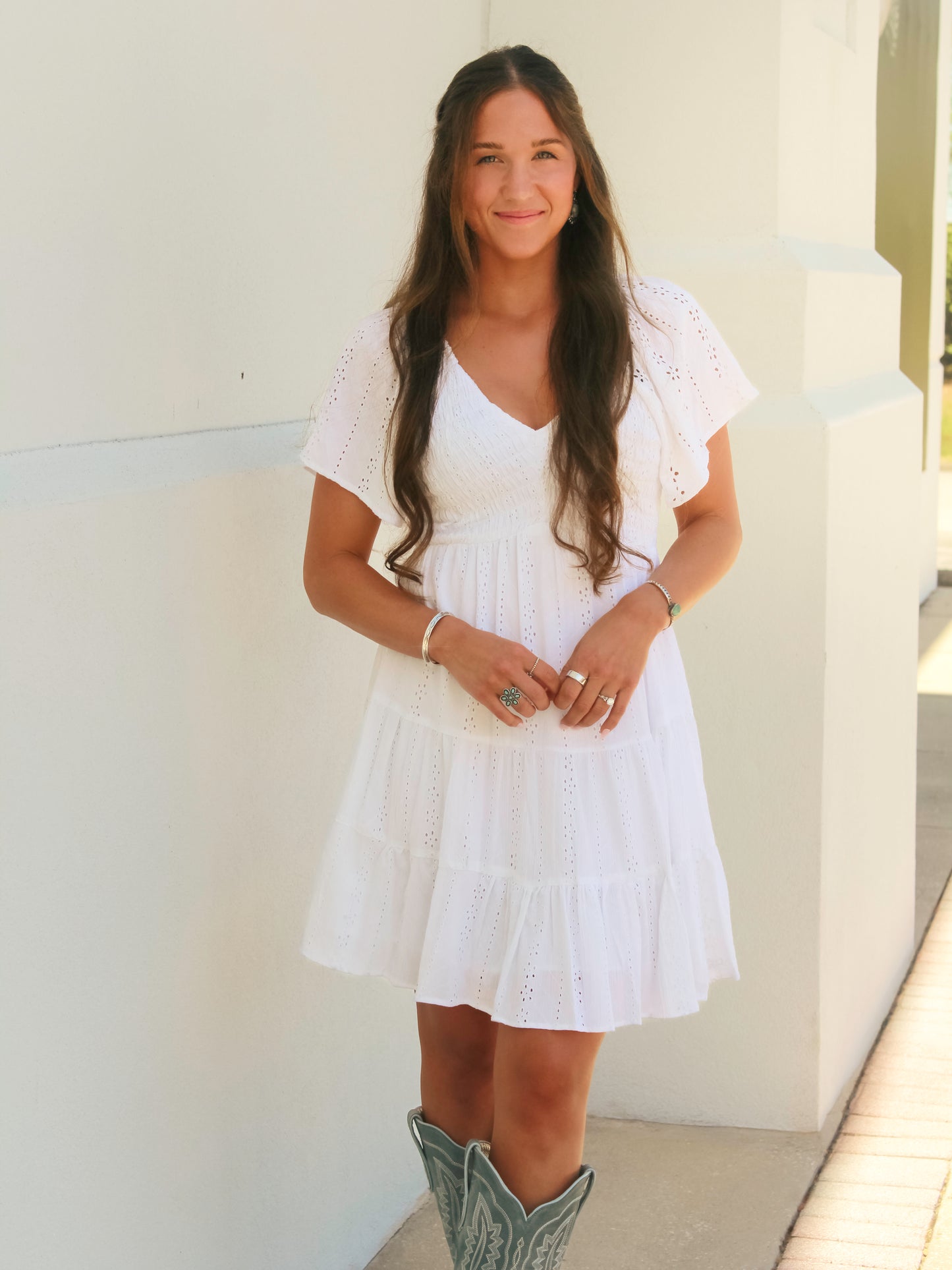 Women's Smocked Bodice Mini Dress - C4937-Em08-White
