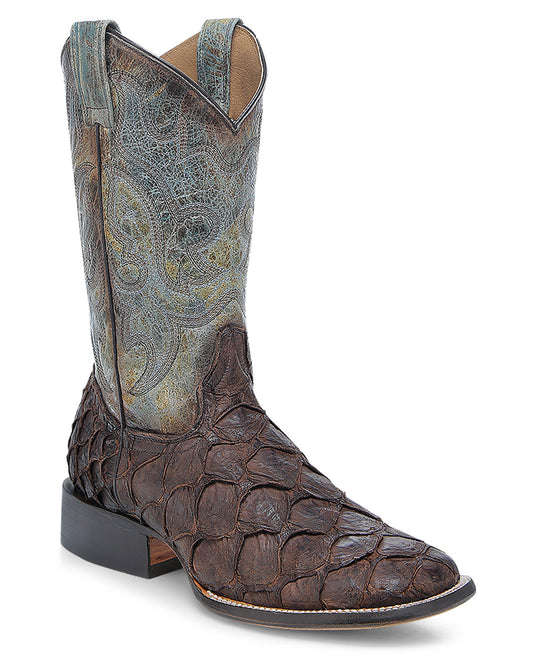 Corral B5023 Men's Handcrafted Wide Square Toe Exotic Pirarucu Skin Cowboy Boots in Brown at Skip's Western Outfitters