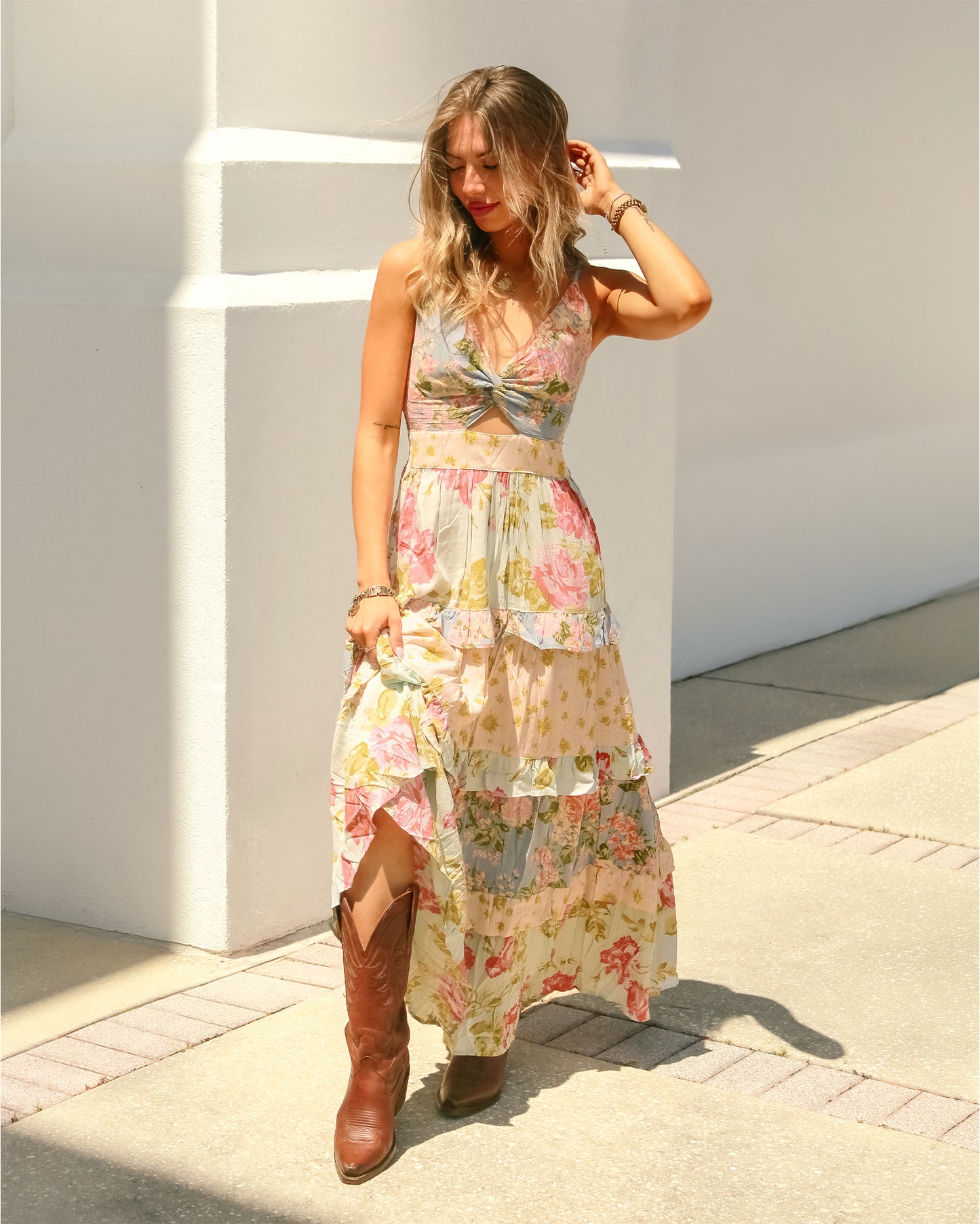 Women's Twist Front Tiered Floral Maxi Dress - C4G08-Wb24-Wb25-Multi
