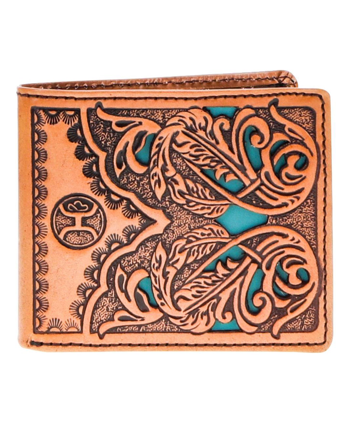 Hand Tooled Leather Bifold Wallet by Hooey from Skip’s Western Outfitters | HOO-HBF017-TNTQ-O/S-TAN/TURQUOISE