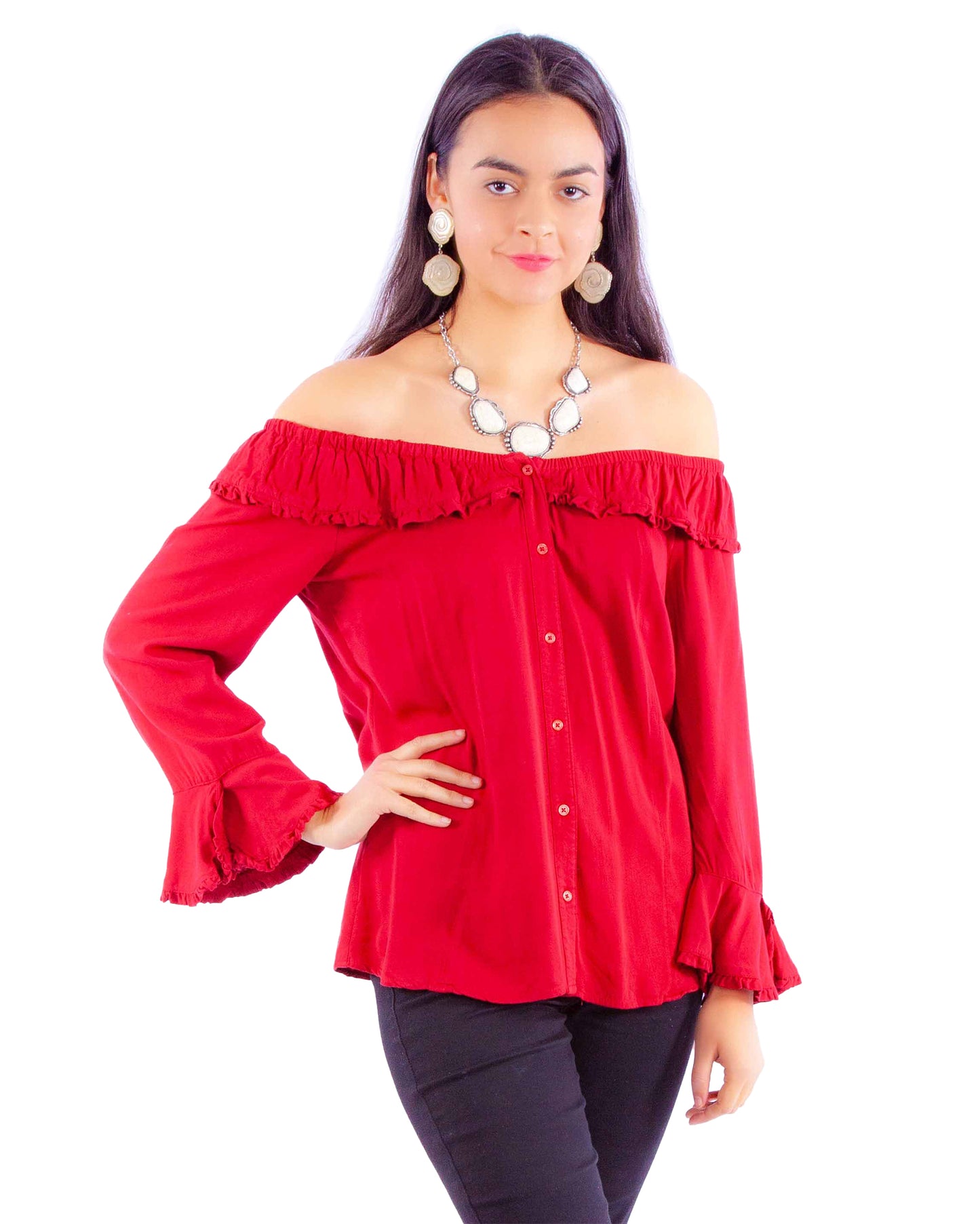 Women's Ruffle Blouse by Scully from Skip’s Western Outfitters | SCU-HC579-RED-S-RED