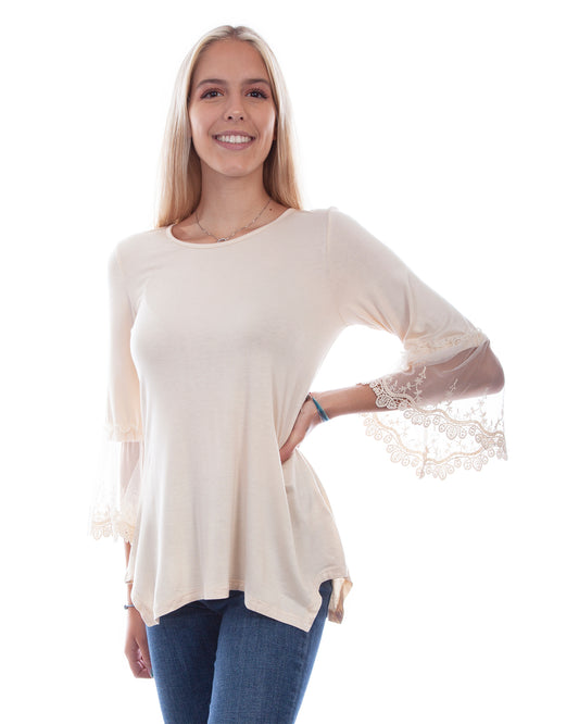Women's Crochet Sleeve Top by Scully from Skip’s Western Outfitters | SCU-HC757-BEI-S-BEIGE