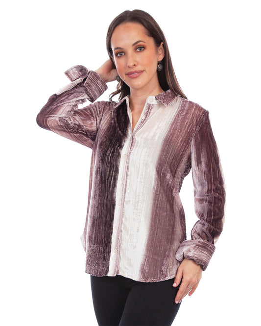 Women's Velvet French Cuffs Blouse by Scully from Skip’s Western Outfitters | SCU-HC799-PWT-XS-PLUM/WHITE